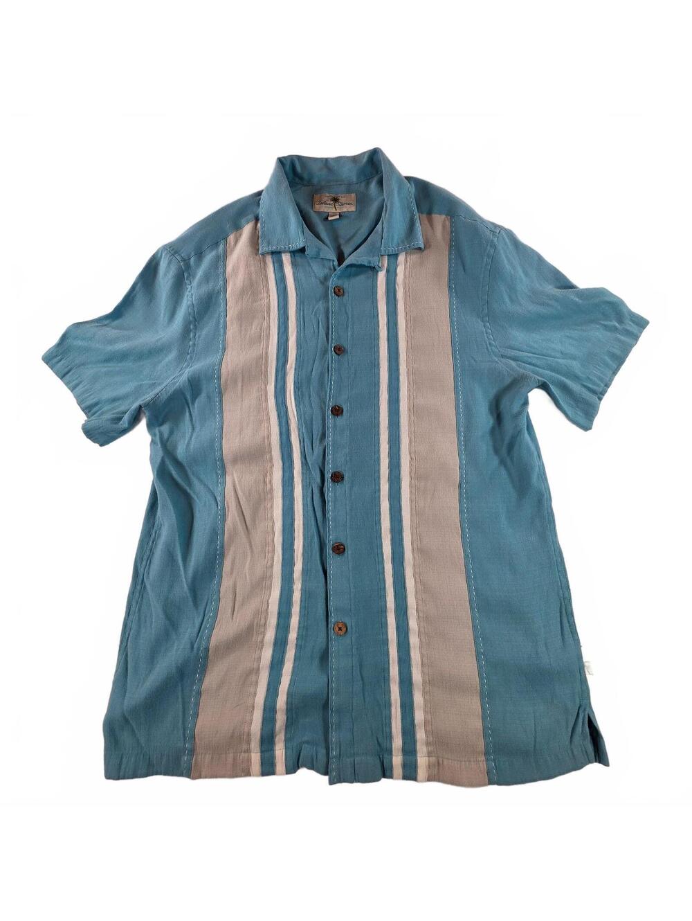 Island Shores Men's L Blue Beige Striped Button-Up Shirt Hawaiian Rayon Casual